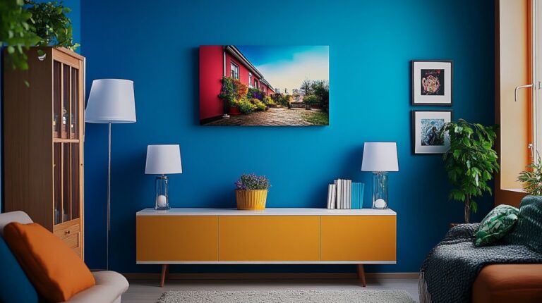 Blauwe muren geel dressoir