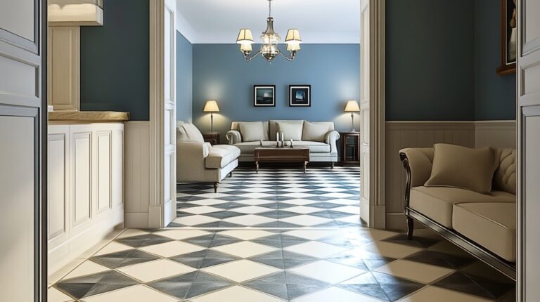 Check design vloer blauwe muur