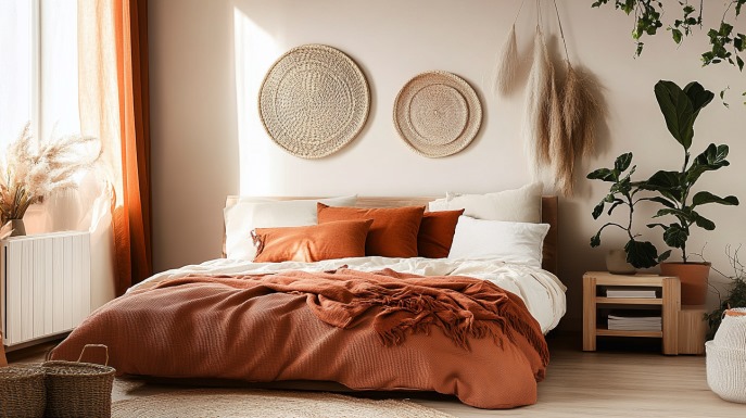 Gedempte oranje en witte slaapkamer